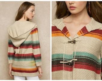 Ralph Lauren RL mezcla de seda punto Vintage SOUTHWEST Beach Combers Sante Fe Stripe Toggle Cardigan hooded Coat Sweater 798 NWT S