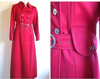 Vintage Womens 60's Red Military Double Breasted Steampunk Maxi I Magnin Coat