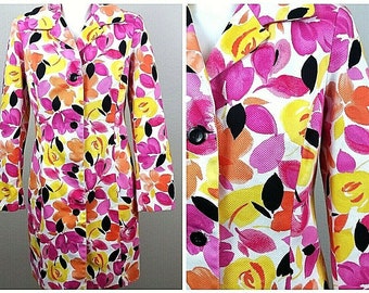 Vintage jaren 80 RETRO Festival PIQUE Neon Leafy Peacoat Spandex Jacket Artsy Boho Duster MOD Coat S