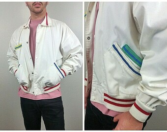 Vintage 60's 70's OP OCEAN PACIFIC Rainbow Stripe Canvas Unisex Beach Surfer Snap Jacket M