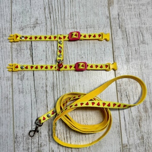 Set of harness and leash for ferret. Bright yellow with watermelon print
