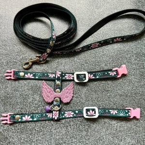 Flower harness and leash for ferret with wings. Accessories for pets and walking with them.
