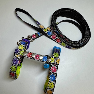 Set of harness and leash for ferret. bright harness with multi-colored paw prints, for a perfectly comfortable walk