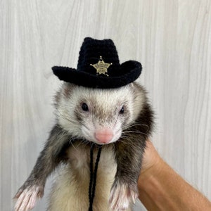 Halloween costume ferret, ferret knitted sheriff hat, black hat.