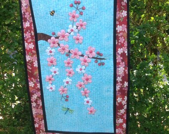 Quilted spring blossom wall hanging or table runner