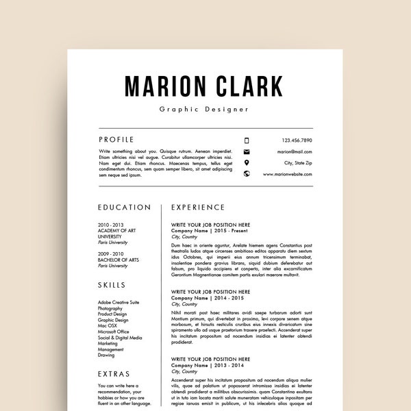 Resume Template (CV, Cover Letter & References) for Microsoft Word | Modern, Simple and Design | Nurse, Teacher, Elegant | Model 11 : Marion