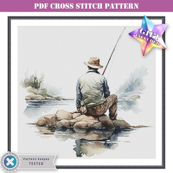 PDF counted cross stitch pattern fishing man. Printable digital instant download. Compatible with Pattern Keeper and can be printed on paper