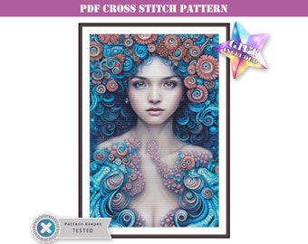 Beautiful fantasy mermaid modern full coverage counted cross stitch pattern PDF for adults. Perfect gift for an experienced stitcher.