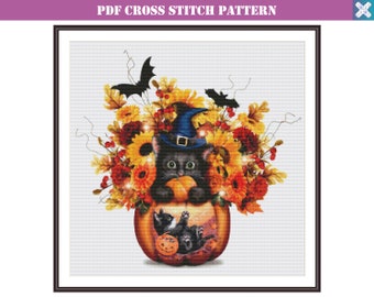 Schema punto croce Halloween / Schema punto croce Gatto / Punto croce Giorno dei Morti / Schema punto croce contato / Download istantaneo PDF