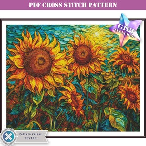 Beautiful nature landscape with sunflowers downloadable and printable pdf cross stitch pattern compatible with Pattern Keeper app