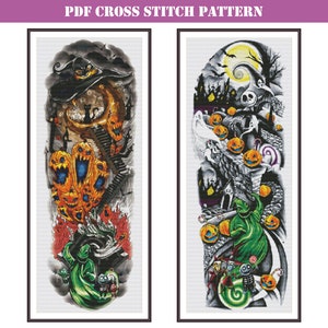 Bundle of 2 full coverage counted cross stitch pattern with spooky Halloween aesthetic. Printable and downloadable PDF charts for adults.