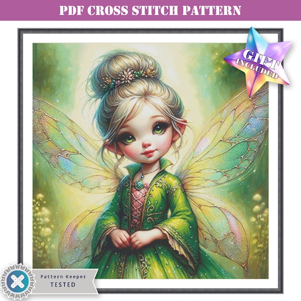 PDF counted cross stitch pattern - Little Cute Forest Wish Fairy Blond Girl. Printable digital download. Pattern Keeper app compatible.