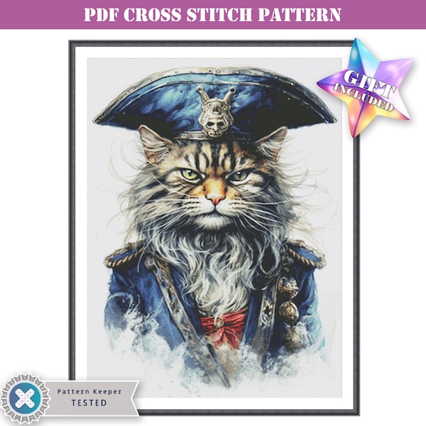 PDF counted cross stitch pattern - cool pirate cat. Printable instant digital download. Pattern Keeper app and Mark-up XR compatible.