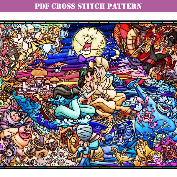 Supersized high difficulty cartoon full coverage counted cross stitch pattern, downloadable and printable PDF file. Large cross stitch chart