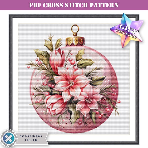 PDF full coverage modern cross stitch pattern - pink floral Christmas tree ball. Printable digital download. Pattern Keeper app compatible