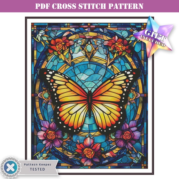 Colorful floral butterfly stained glass window advanced full coverage modern counted cross stitch pattern downloadable printable PDF file