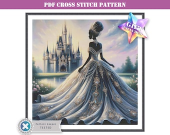 PDF counted cross stitch pattern - African American princess and a fantasy castle. Printable digital download. Pattern Keeper app compatible