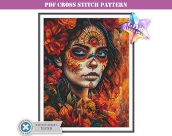 Day of the Dead Catrina floral sugar skull full coverage modern counted counted cross stitch pattern  PDF to use with PK and Mark-up XR