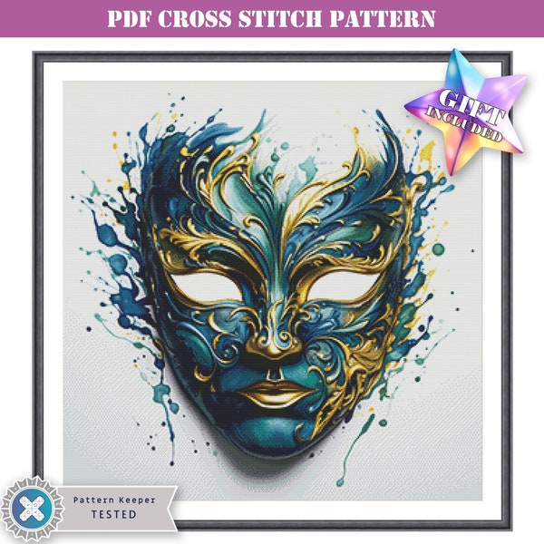 PDF full coverage modern cross stitch pattern for adults - Venetian carnival mask. Printable instant digital download. Pattern Keeper app