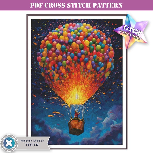 Whimsical fantasy hot air balloon modern full coverage cross stitch pattern downloadable pdf compatible with Pattern Keeper app, large chart