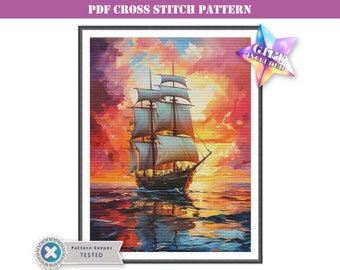 PDF cross stitch pattern - landscape ship in the ocean under the sunset. Printable instant digital download. Pattern Keeper app compatible.