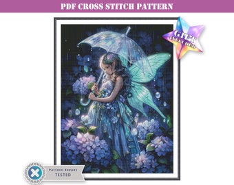 PDF full coverage modern cross stitch pattern for adults - cute fantasy elf fairy under the rain. Printable instant digital download.