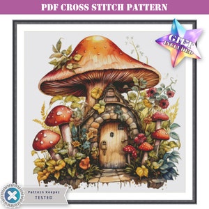 Full coverage modern cross stitch pattern PDF - fantasy fairy mushroom house. Printable instant digital download. Pattern Keeper compatible