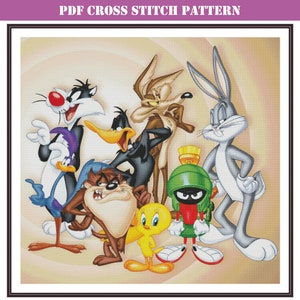 Modèle de point de croix moderne, héros de dessins animés amusants, numérique téléchargeable au format PDF compatible avec Pattern Keeper. Grand tableau de symboles contemporains