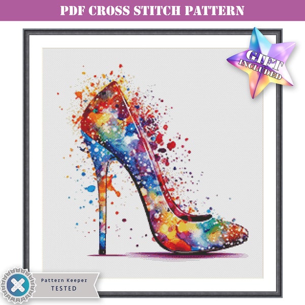 Beautiful rainbow high heel shoe advanced colorful partial coverage modern counted cross stitch pattern digital downloadable printable PDF