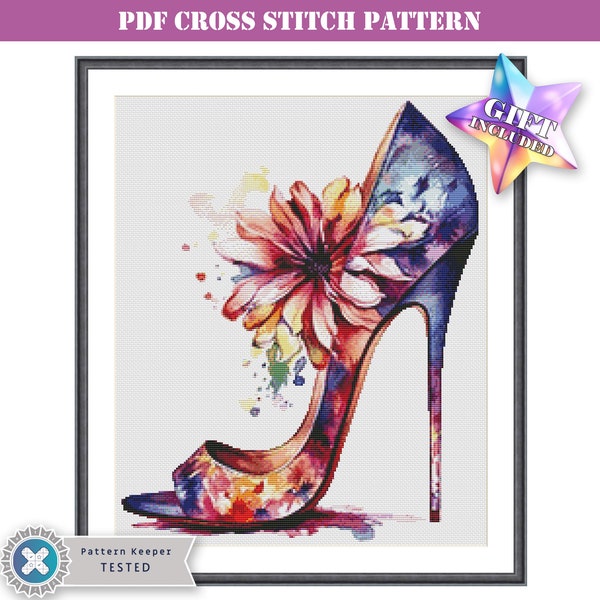 Beautiful floral high heel shoe advanced colorful partial coverage modern counted cross stitch pattern digital downloadable printable PDF