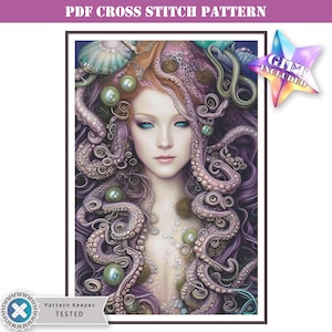 Fantasy octopus woman portrait full coverage pdf cross stitch pattern to print or use with Pattern Keeper app. Modern large cross stitch