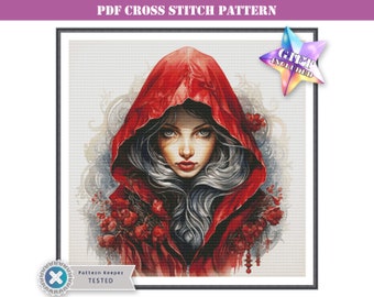 PDF counted cross stitch pattern - Red riding hood woman portrait. Printable instant digital download. Pattern Keeper app / Mark-up XR ok