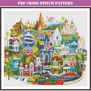 Fun cartoon map counted cross stitch pattern PDF digital download compatible with Pattern Keeper app. Large symbol chart. Modern design.