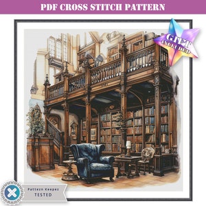 Old library - difficult modern counted counted cross stitch pattern instant downloadable printable PDF or use with PK and Mark-up XR
