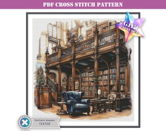 Old library - difficult modern counted counted cross stitch pattern instant downloadable printable PDF or use with PK and Mark-up XR