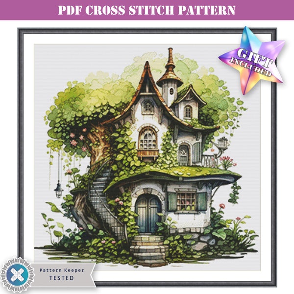 Full coverage modern cross stitch pattern PDF - fantasy fairy tree house. Printable instant digital download. Pattern Keeper compatible file