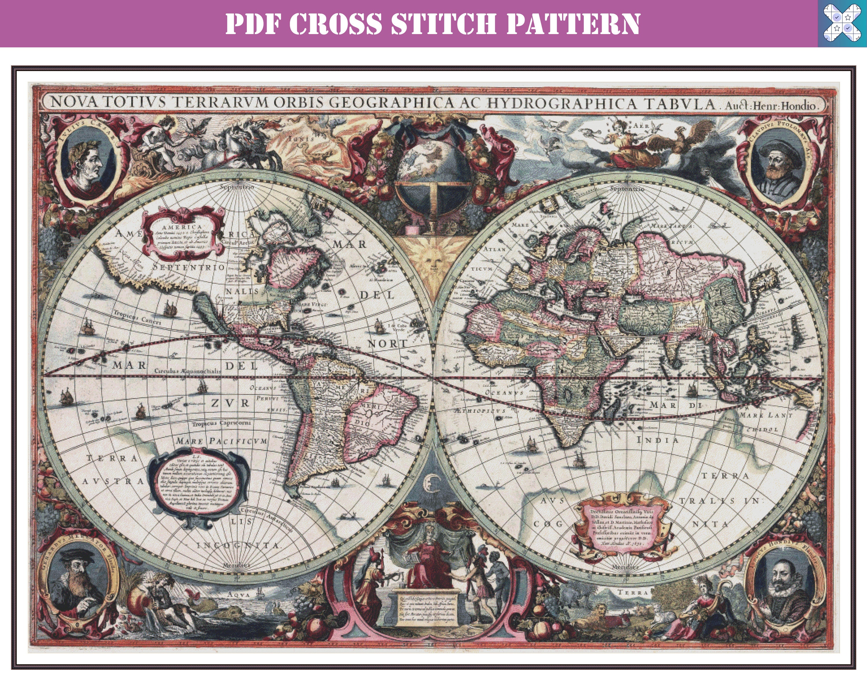 Flat Earth Map Hd Pdf World Map Counted Cross Stitch Pattern Extra Large Cross | Etsy