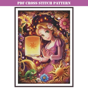 Cute girl cartoon style full coverage counted cross stitch pattern PDF downloadable and printable, compatible with Pattern Keeper app