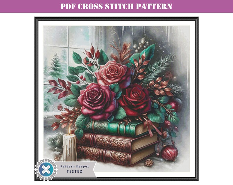 Winter Red Roses & Vintage Books Stack Counted Cross Stitch Pattern PDF