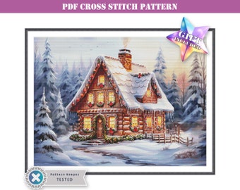 PDF full coverage cross stitch pattern - fantasy gingerbread house. Printable instant digital download. Pattern Keeper app compatible.
