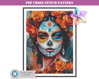 PDF full coverage cross stitch pattern - Day of the Dead Catrina. Printable instant digital download. Pattern Keeper app compatible