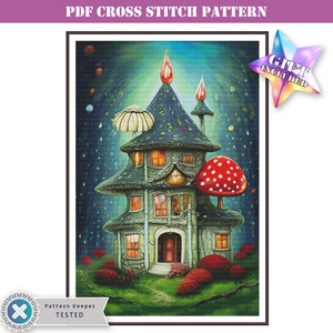 Beautiful fantasy forest mushroom castle full coverage modern cross stitch pattern printable digital download pdf chart, Pattern Keeper app