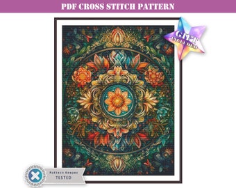 Highly difficult floral mandala pdf cross stitch pattern compatible with Pattern Keeper app, Large modern cross stitch chart download