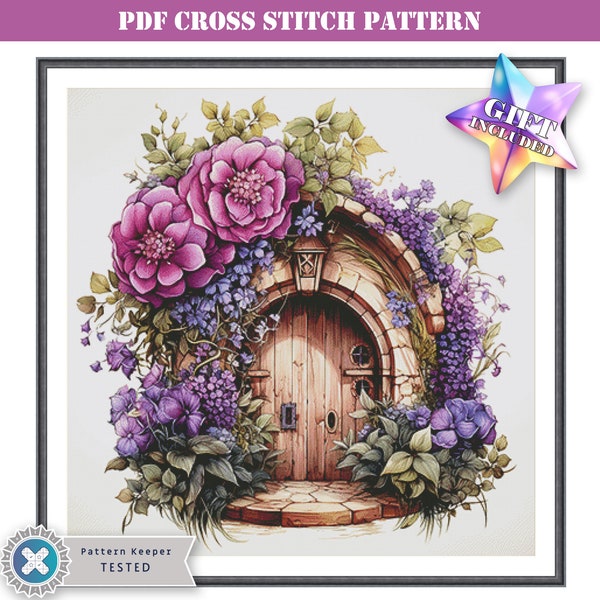 PDF counted cross stitch pattern - fantasy violet floral fairy door. Printable instant digital download. Pattern Keeper app compatible.