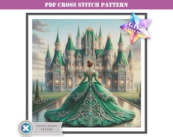 PDF counted cross stitch pattern - emerald princess and a fantasy castle. Printable digital download. Pattern Keeper app compatible.