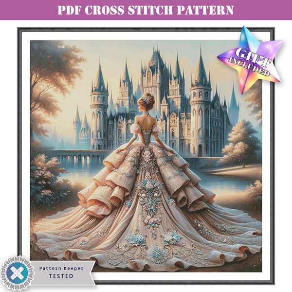 PDF counted cross stitch pattern - beautiful princess with a fantasy castle. Printable digital download. Pattern Keeper app compatible.