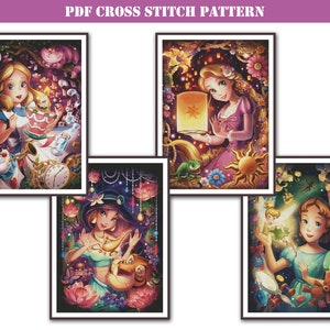 Bundle of 4 beautiful full coverage counted cross stitch patterns PDF compatible with Pattern Keeper app. Large modern cross stitch designs.