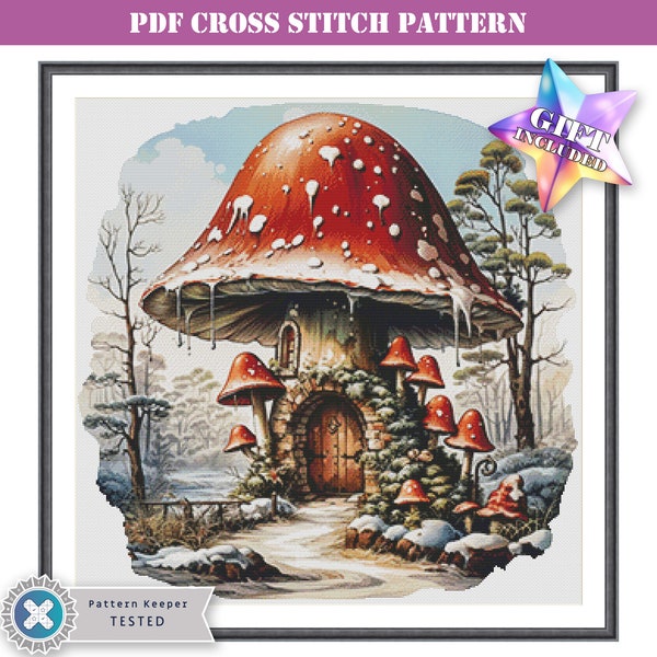 Full coverage modern cross stitch pattern PDF - fantasy fairy mushroom house. Printable instant digital download. Pattern Keeper compatible