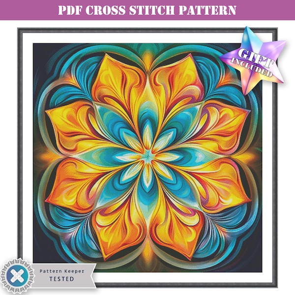 PDF counted cross stitch pattern - colorful abstract floral fractal mandala. Printable digital download. Compatible Pattern Keeper app file.