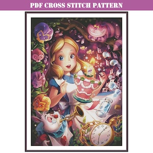 Pretty girl Alice modern full coverage counted cross stitch pattern downloadable and printable PDF compatible with Pattern Keeper app